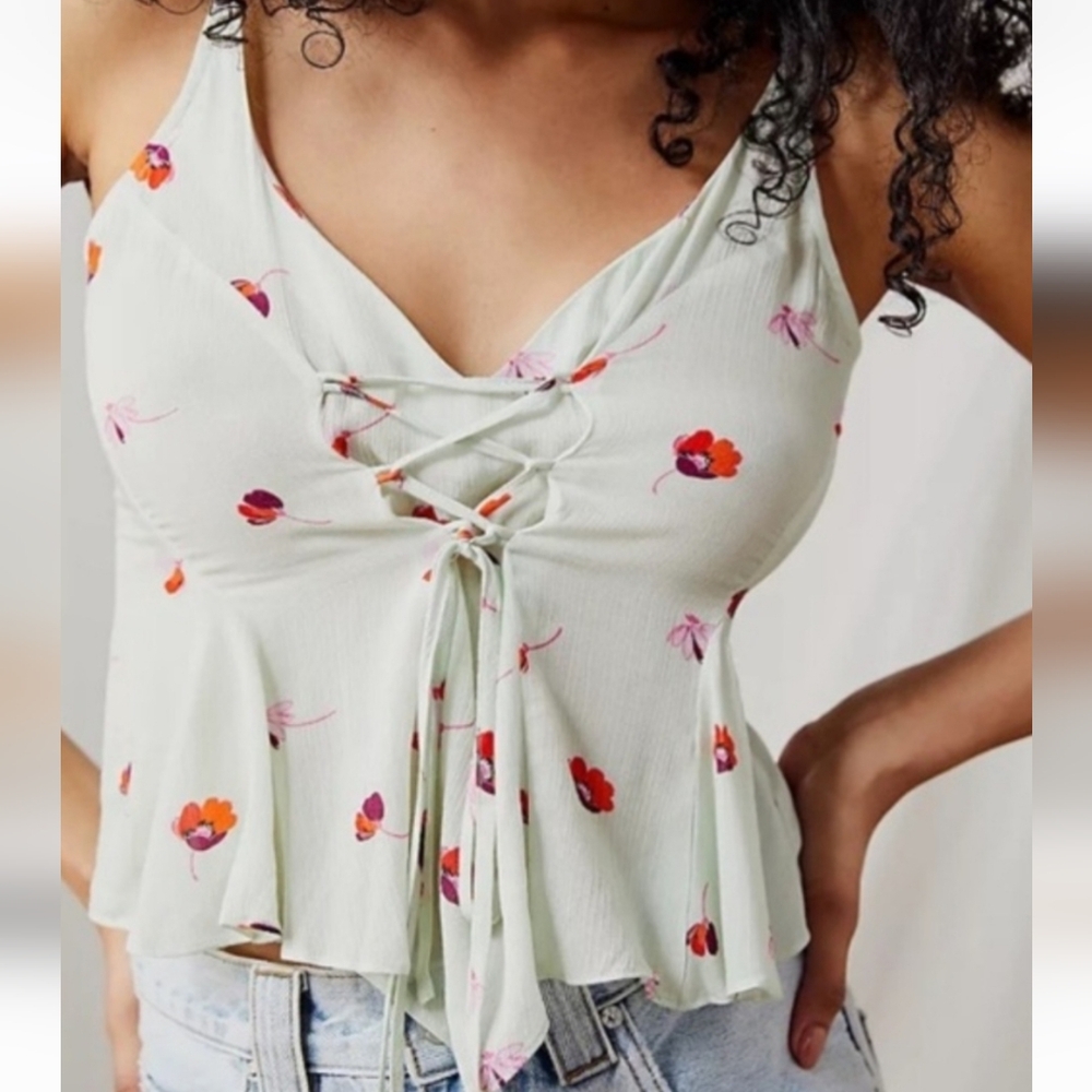 Free People Radea Mint Floral Lace-Up Women Tank.